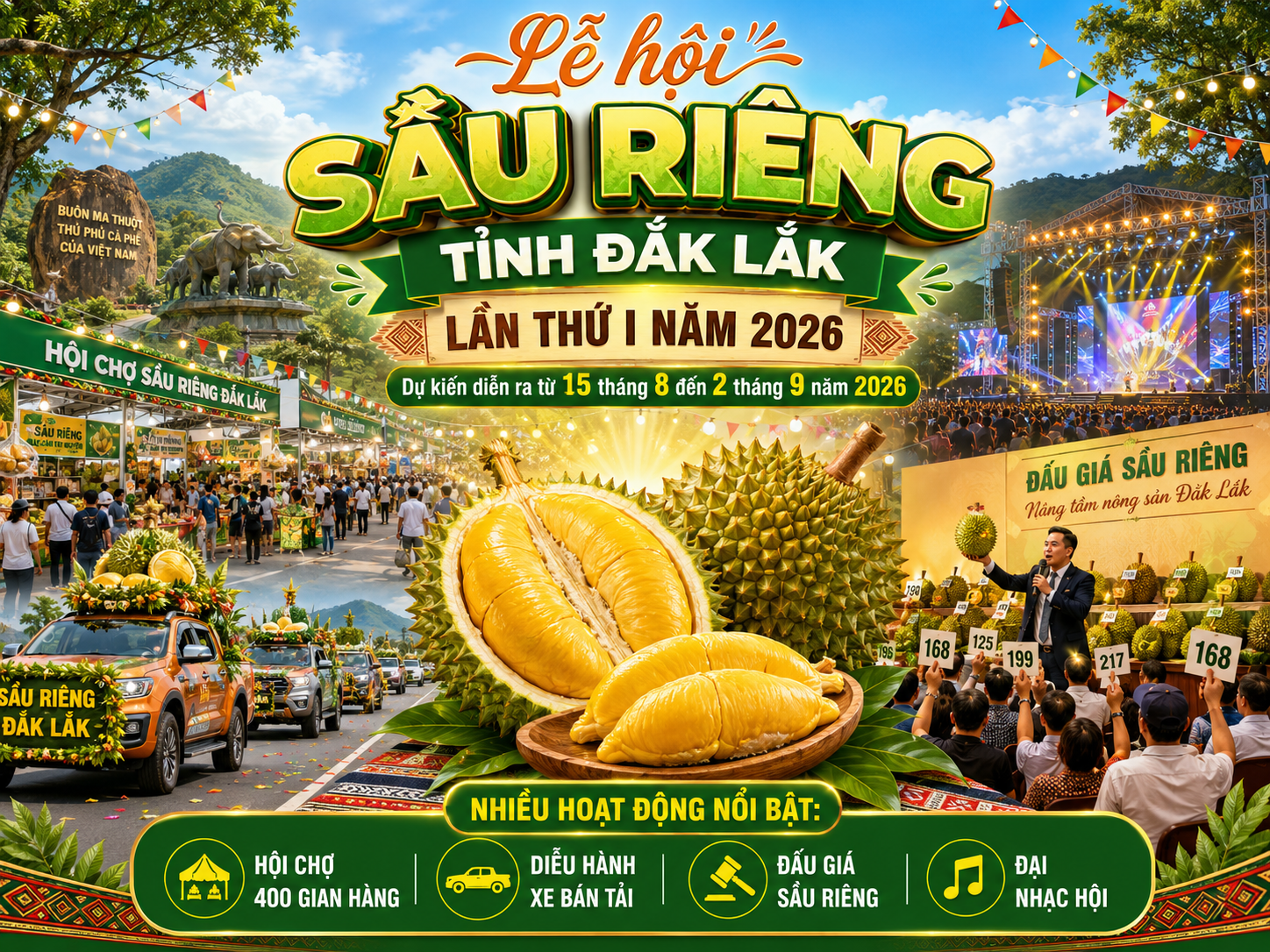 Lễ hội sầu riêng tỉnh Đắk Lắk lần thứ I năm 2026 dự kiến diễn ra từ ngày 15 tháng 8 đến ngày 2 tháng 9