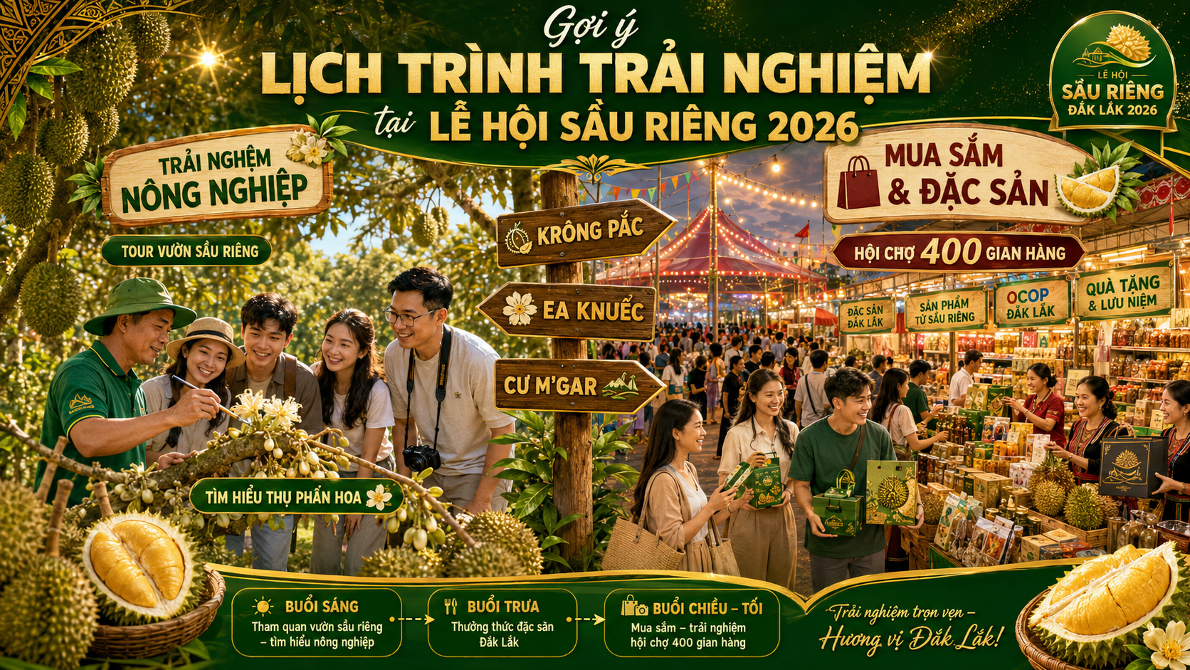Nếu yêu thích nông nghiệp, hãy ưu tiên các tour vườn sầu riêng, hoạt động tìm hiểu thụ phấn hoa, tham quan vùng trồng tại Krông Pắc, Ea Knuếc hoặc Cư M’gar