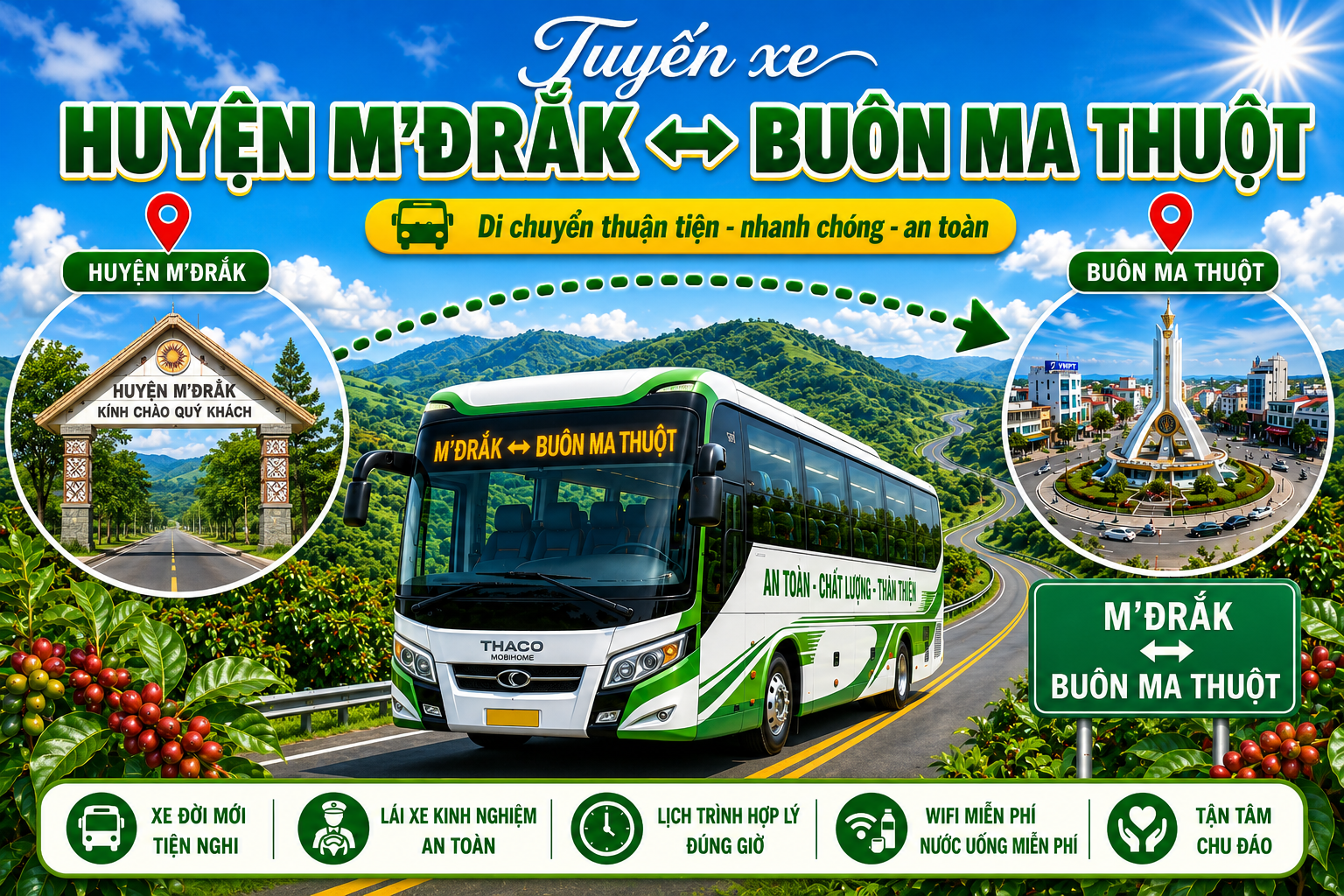 Tuyến xe đi từ Huyện M’Đrắk ↔ Buôn Ma Thuột