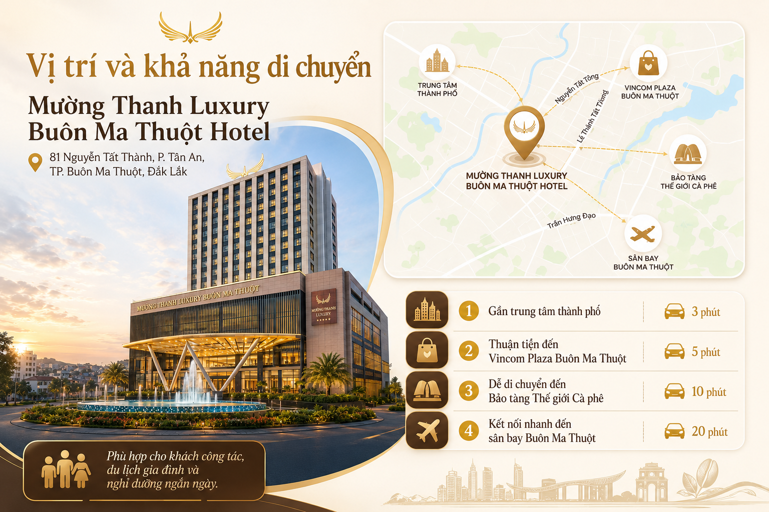 Mường Thanh Luxury Buôn Ma Thuột Hotel nằm tại số 81 Nguyễn Tất Thành, phường Tân An, thành phố Buôn Ma Thuột, tỉnh Đắk Lắk